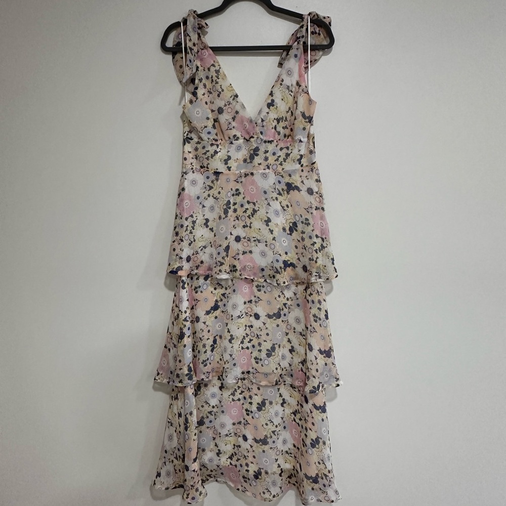 Altar'd State Cream Floral Tiered Maxi Dress with Pink & Navy Accents
